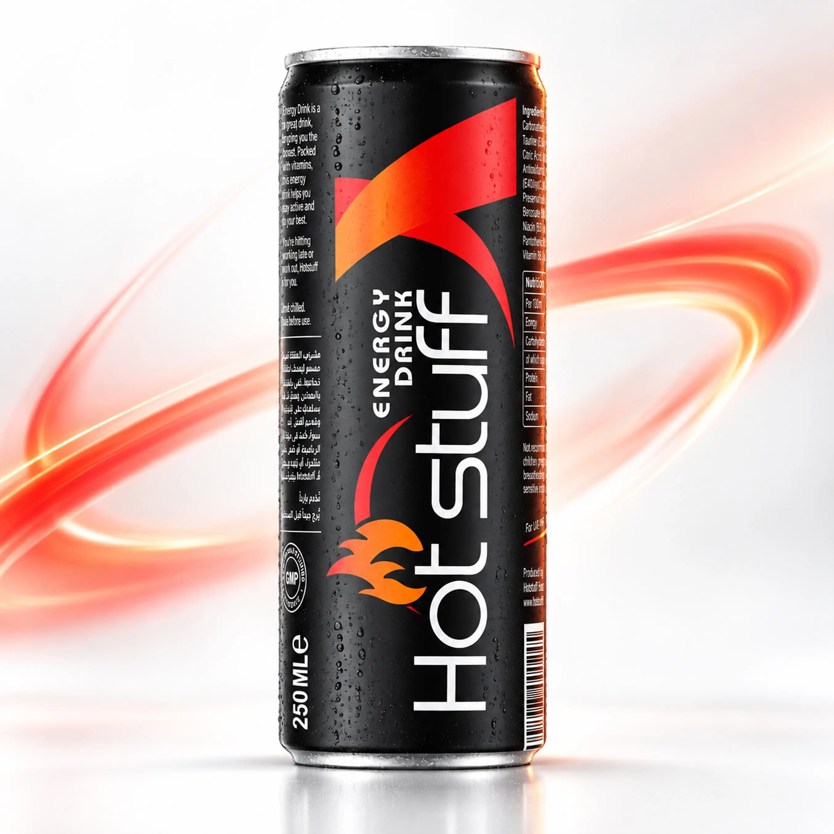 Hot Stuff energy drink can with black and red branding, ice cubes, water droplets and smoky red background.